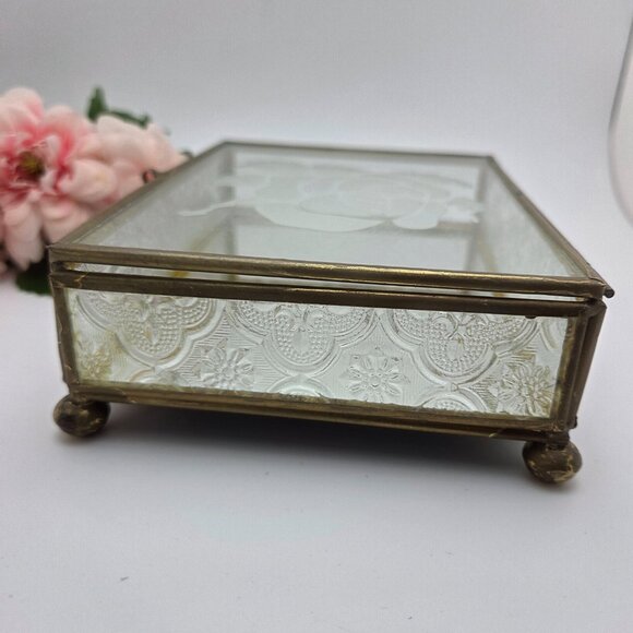 Vintage Glass Mirrored Jewelry Trinket Box Etched Rose Brass Mid Century - Picture 7 of 14
